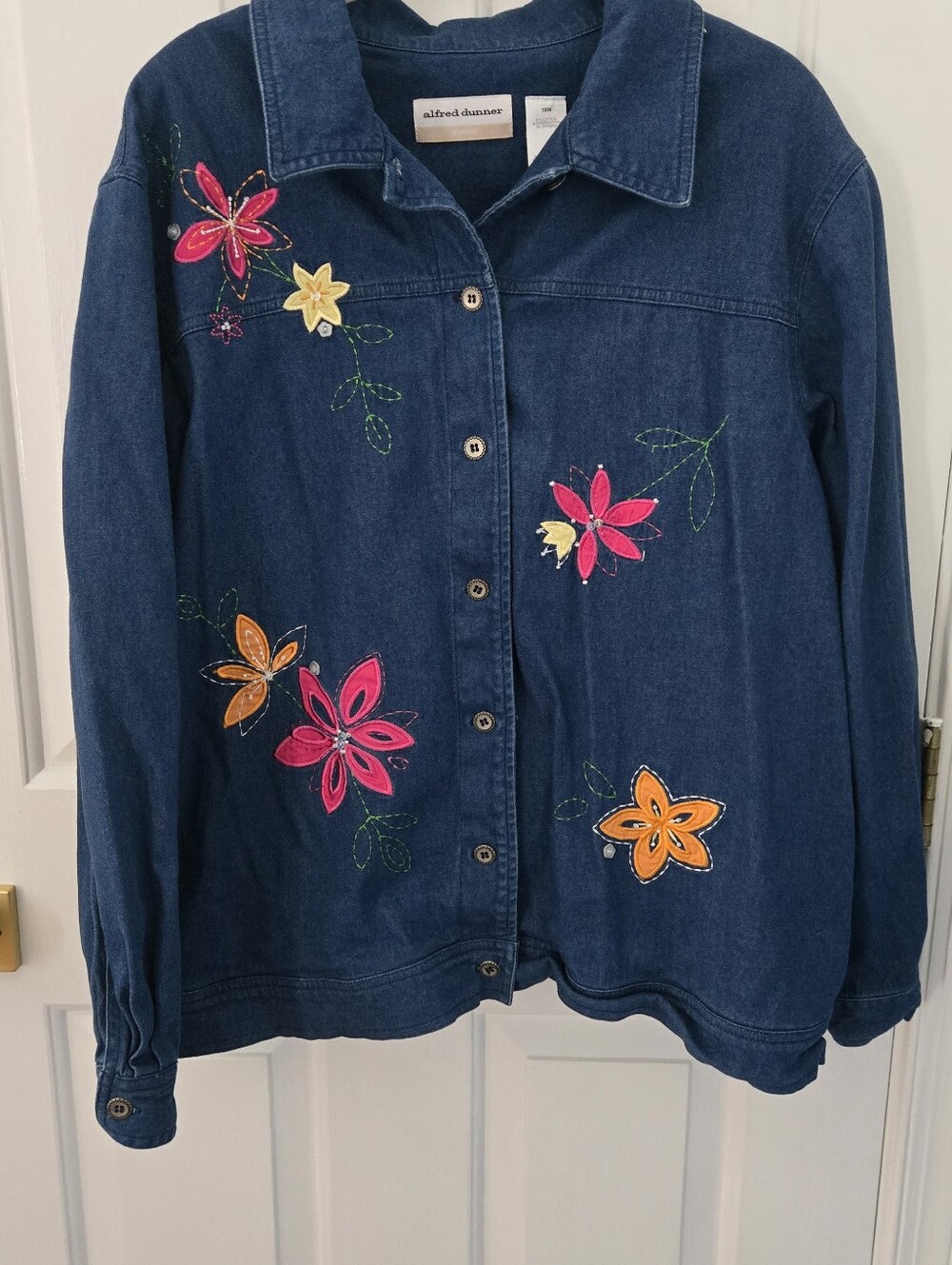 Alfred Dunner Embroidered Denim Jacket with Pink & Yellow Floral Appliqué